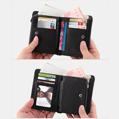 Men's Rfid Bifold Genuine Leather Wallet Zipper Purse