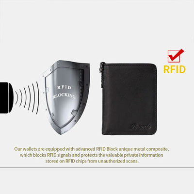 Men's Rfid Bifold Genuine Leather Wallet Zipper Purse