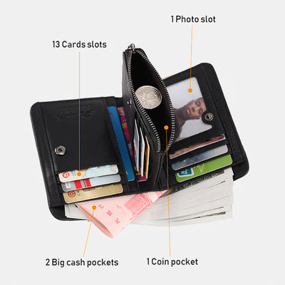 Men's Rfid Bifold Genuine Leather Wallet Zipper Purse
