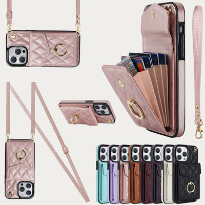 Phone Wallet Case For iPhone 14/15/16 Functional Quilted Crossbody Phone Case