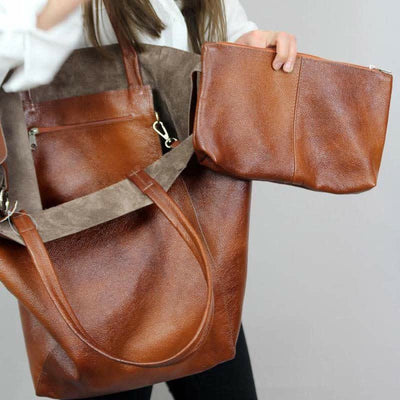 Large Capacity Soft Leather Tote Bag Handbag Shopper Purse with Pouch
