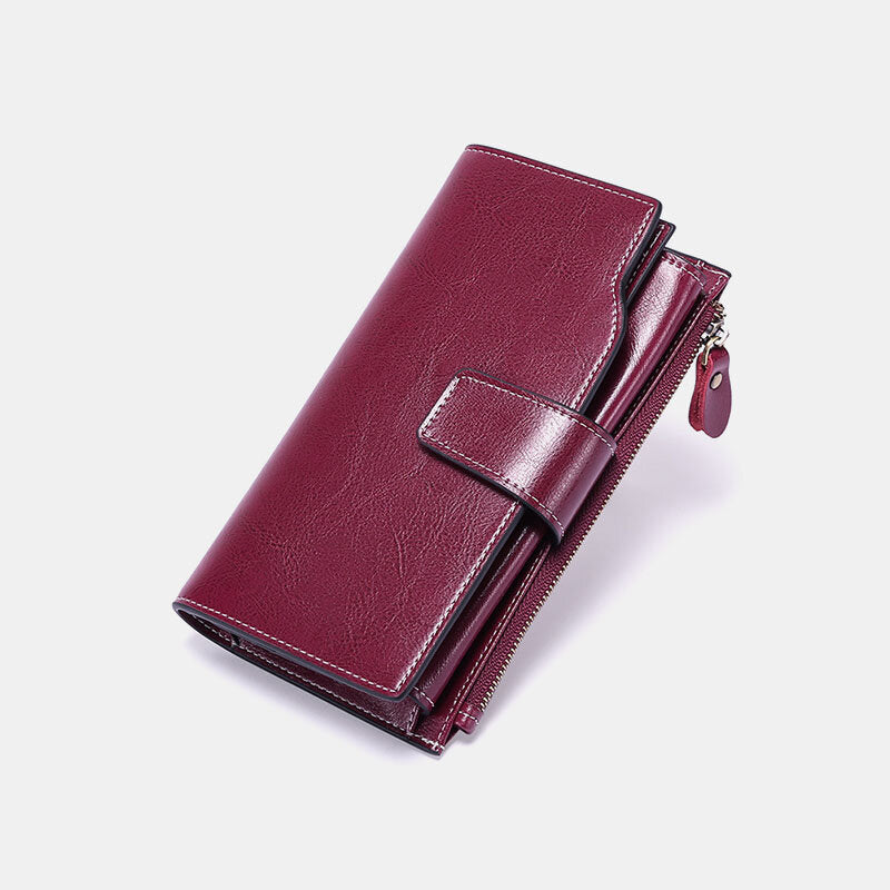 RFID Blocking Long Wallet Oil Wax Leather Phone Purse with Zipper Pocket - Purple - image 18