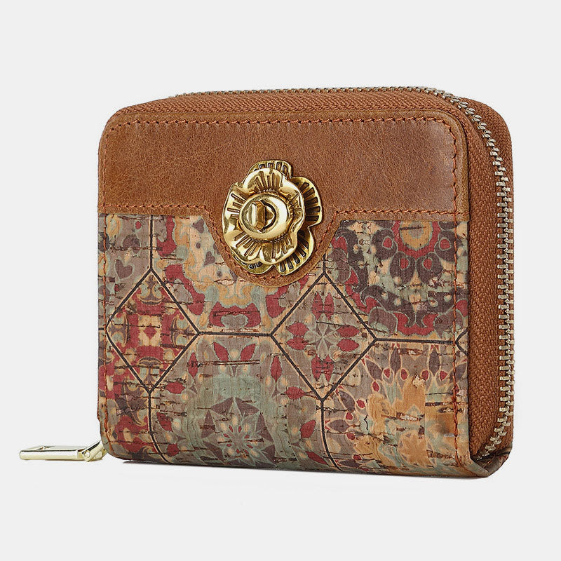 RFID Multi-Slot Genuine Leather Vintage Printing Short Wallet Card Holder