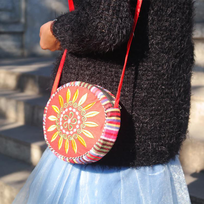 Folk Custom Canvas Bag Women Embroidery Sunflower Small Round Bag