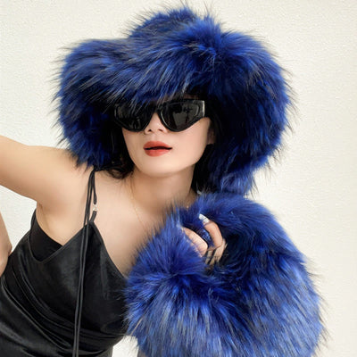 Faux Fur Soft Hat Bag Set For Women Winter Dating