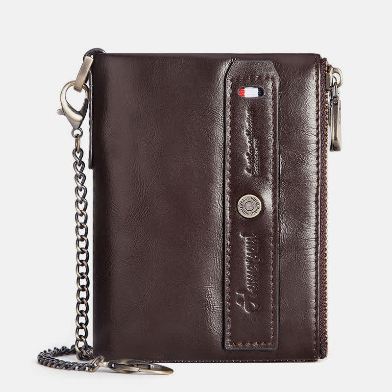 Mens Wallet with Chain Leather Bifold Wallet with Double Zipper Pocket