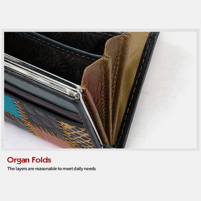 Genuine Leather Splicing Color Block Wallet Trifold Long Purse