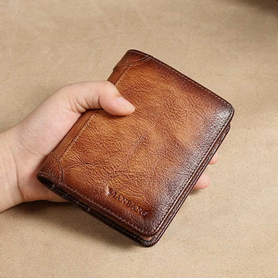 RFID Retro Genuine Leather Tri-fold Wallet