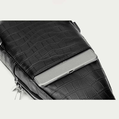 Crocodile Grain Leather Sling Backpack Shoulder Bag for Men Travel Daypack