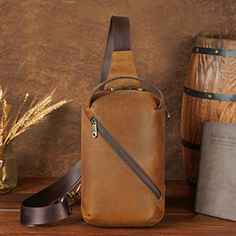 Men's Leather Crossbody Sling Bag Outdoor Travel Chest Bag Shoulder Daypack