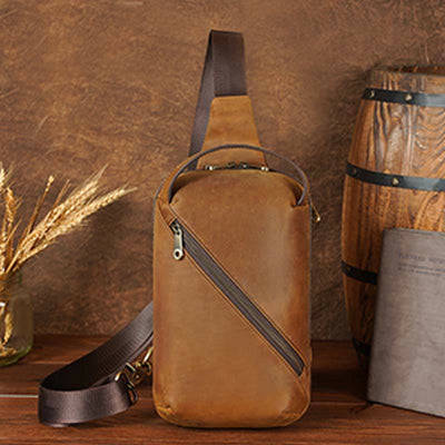 Men's Leather Crossbody Sling Bag Outdoor Travel Chest Bag Shoulder Daypack