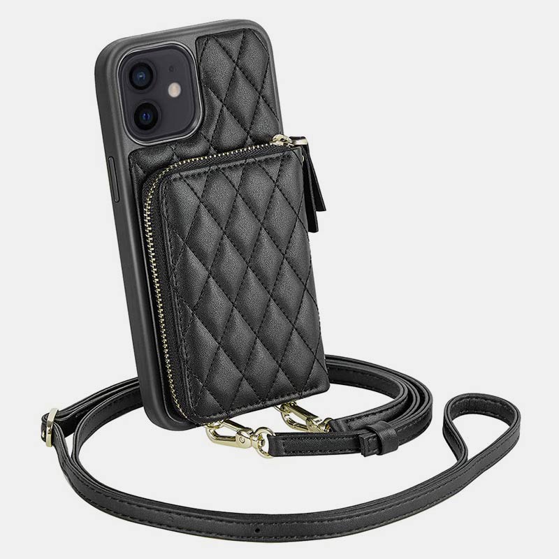 iPhone Phone Case Quilted Leather Wallet Case Card Holder with Crossbody Strap