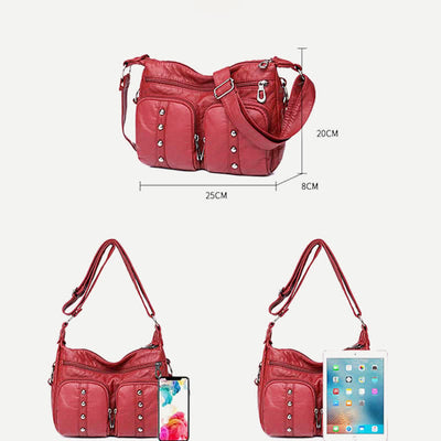 Mulit-Pocket Crossbody Purse for Women Retro Rivets Leather Shoulder Handbag