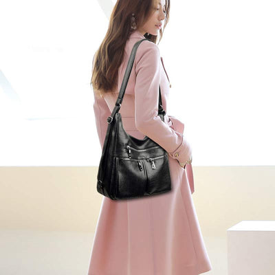 3 Way Use Backpack Multi Pocket Leather Zip Crossbody Shoulder Bag