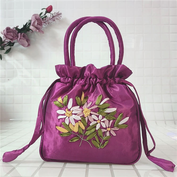 Embroidery Floral Clutch Drawstring Bucket Bag Handbag Party Bag