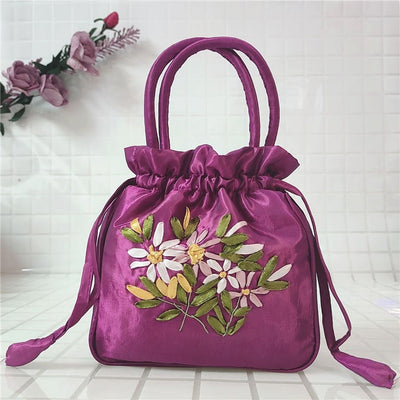 Embroidery Floral Clutch Drawstring Bucket Bag Handbag Party Bag