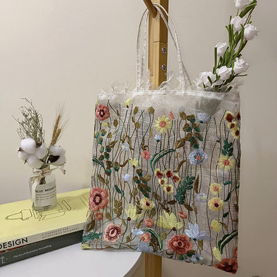 Handbag For Women Mesh Hand-Embroidered Flowers Portable Shoulder Bag