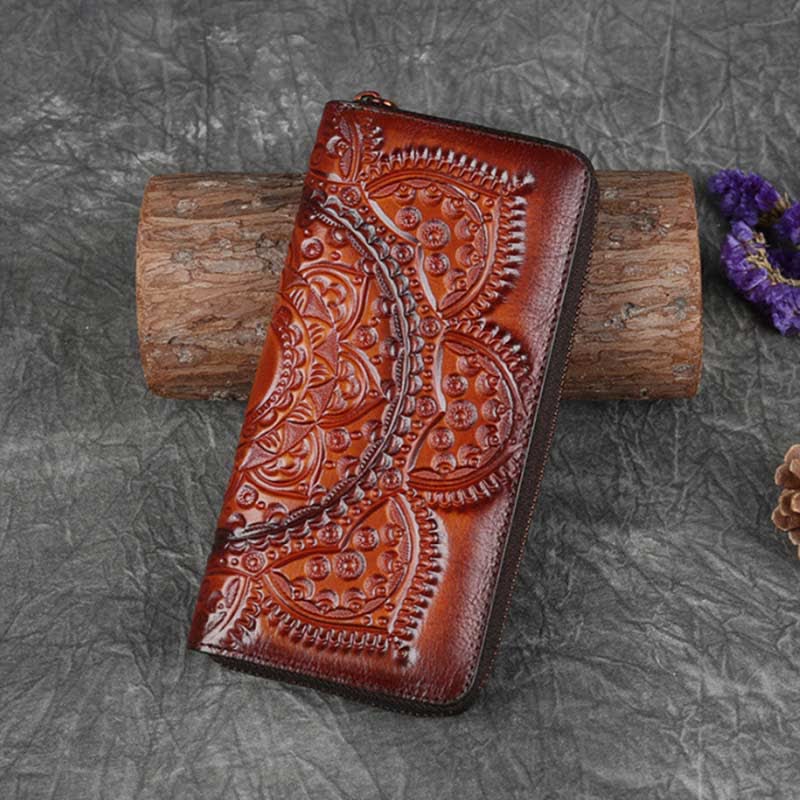 Women Genuine Leather Zip Around Embossing Wallet Large Cowhide Leather Wallet