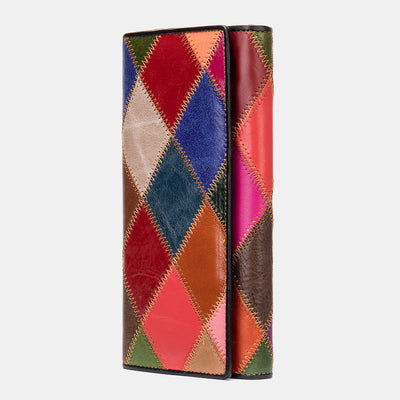Genuine Leather Splicing Color Block Wallet Trifold Long Purse