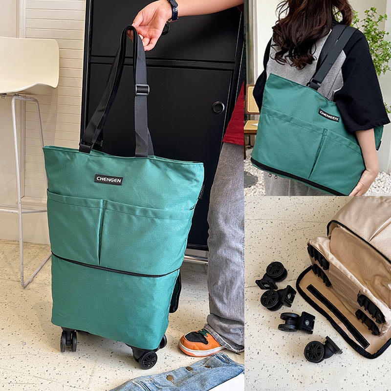 Supermarket Rolling Tote Detachable Foldable Wheels Shoulder Purse For Women