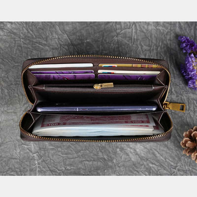Women Genuine Leather Zip Around Embossing Wallet Large Cowhide Leather Wallet