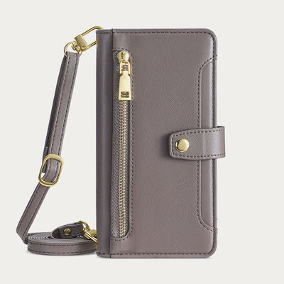 Faux Leather Wallet Case Phone Case for iPhone with Shoulder Strap