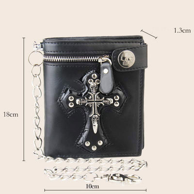 Mens Gothic Skull Cross Leather Punk Wallet with Long Metal Chain