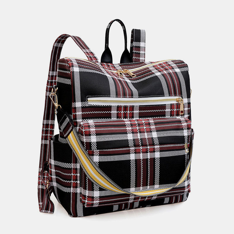 Multifunciton Casual Women Rucksack Daypack Leather Plaid Backpack With Shoulder Strap