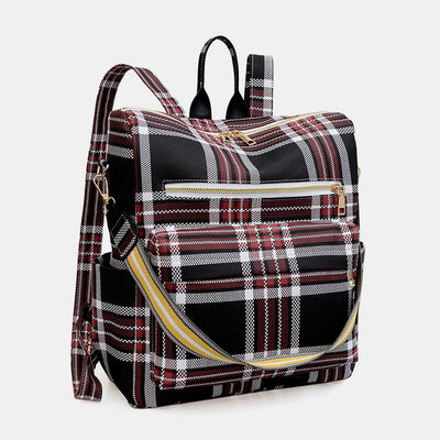 Multifunciton Casual Women Rucksack Daypack Leather Plaid Backpack With Shoulder Strap