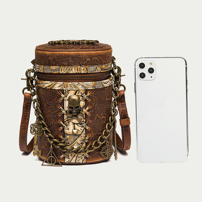 Vintage Crossbody Bag Fancy Skull Design Leather Bucket Bag