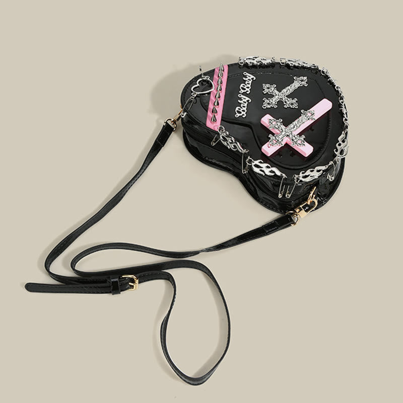 Gothic Heart Shape Purse Womens Cross Rivet Shoulder Bag