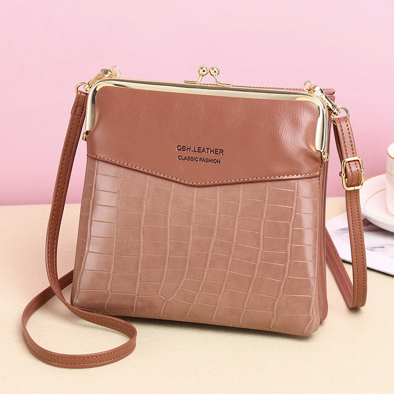 Leather Crossbody Handbag for Women Double Compartment Kiss Lock Shoulder Bag