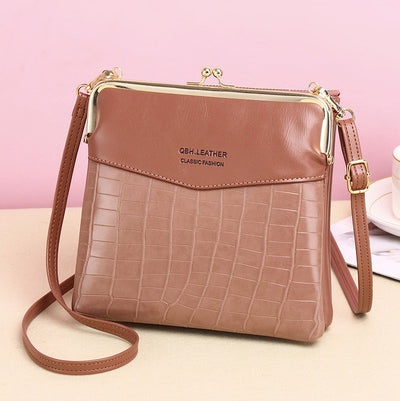 Leather Crossbody Handbag for Women Double Compartment Kiss Lock Shoulder Bag