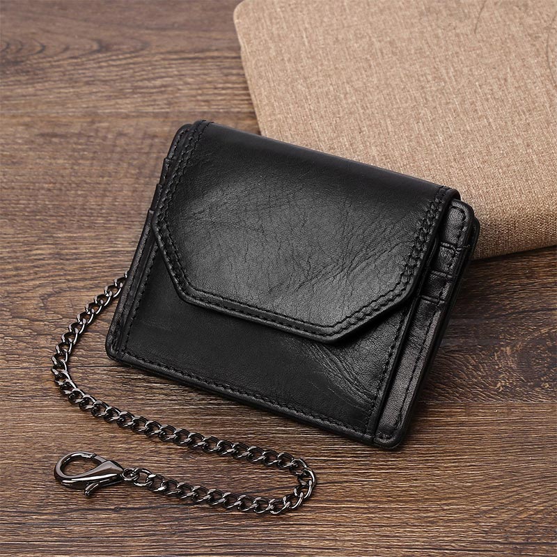 Men's Trifold Wallet Slim Genuine Leather Wallet Card Holder with Chain
