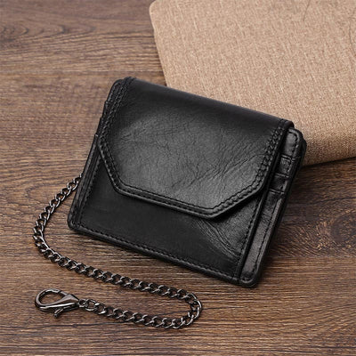 Men's Trifold Wallet Slim Genuine Leather Wallet Card Holder with Chain