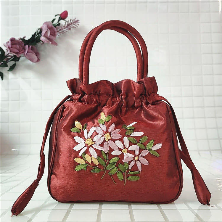 Embroidery Floral Clutch Drawstring Bucket Bag Handbag Party Bag