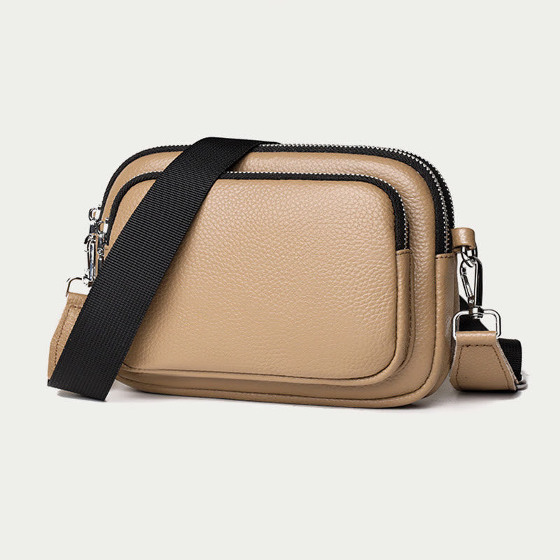 Triple Zip Genuine Leather Crossbody Bag Casual Travel Purse