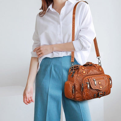 Tote Bag For Women Vintage Riveted Multi-Pocket Leather Crossbody Bag