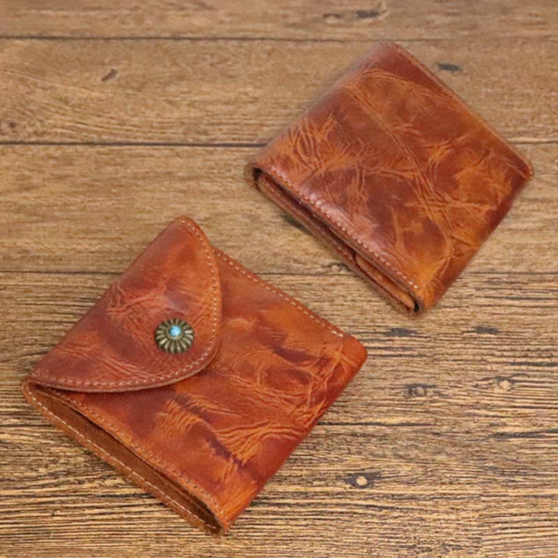 Retro Bifold Wallet Pouch for Women Men Cowhide Leather Small Coin Purse