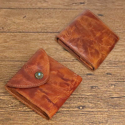 Retro Bifold Wallet Pouch for Women Men Cowhide Leather Small Coin Purse