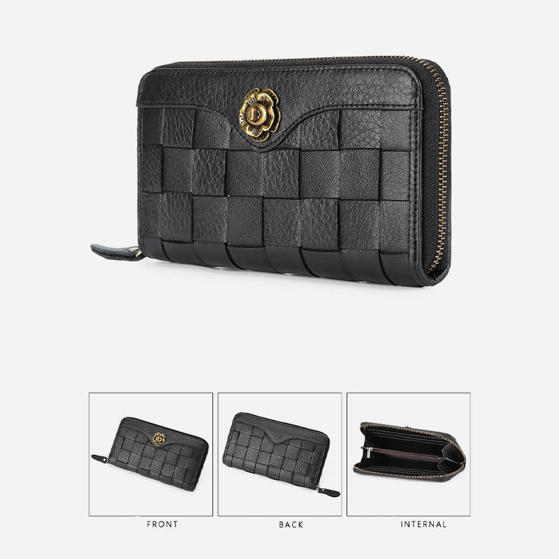 Leather Woven Wallet For Women Men Long Multifunction Clutch Bag