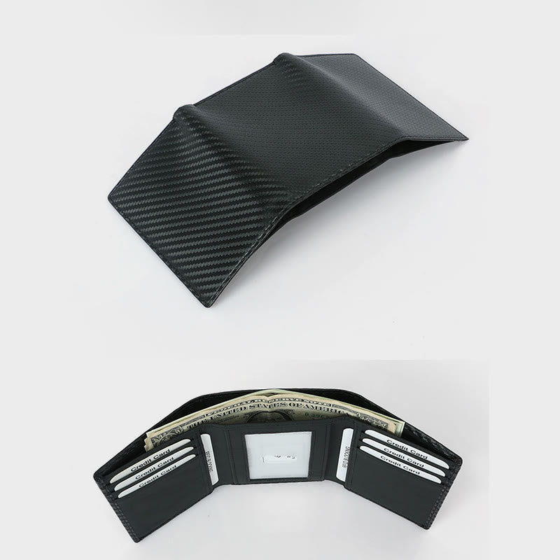 Trifold Mens Leather Wallet RFID Blocking Minimalist Carbon Fiber Pattern Wallet