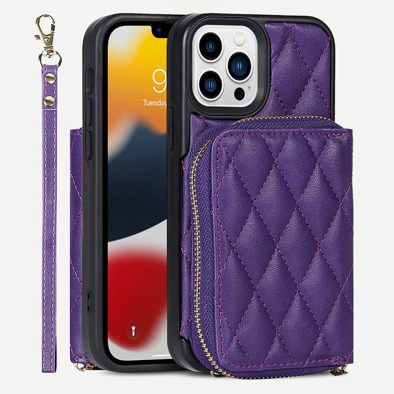 iPhone Phone Case Quilted Leather Wallet Case Card Holder with Crossbody Strap