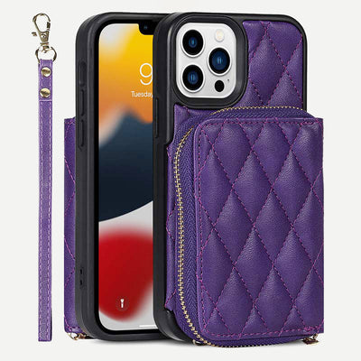 iPhone Phone Case Quilted Leather Wallet Case Card Holder with Crossbody Strap