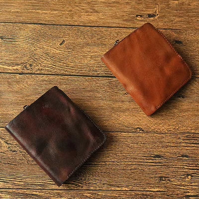 Leather Wallet For Men Double Folding Vintage Short Zipper Purse