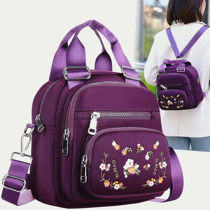 Multi-Compartment Waterproof Embroidery Floral Backpack Daypack Crossbody Bag