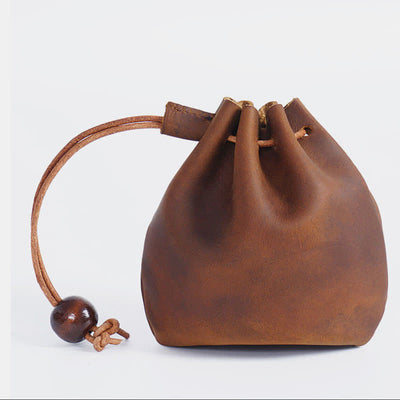 Leather Drawstring Pouch Retro Coin Purse Wallet for Women Men