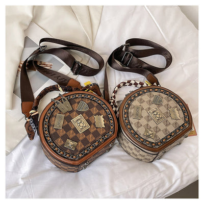Top-handle Bag For Women Vintage Wide Strap Small Round Bag