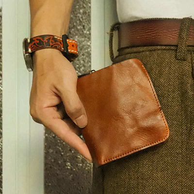 Leather Wallet For Men Double Folding Vintage Short Zipper Purse