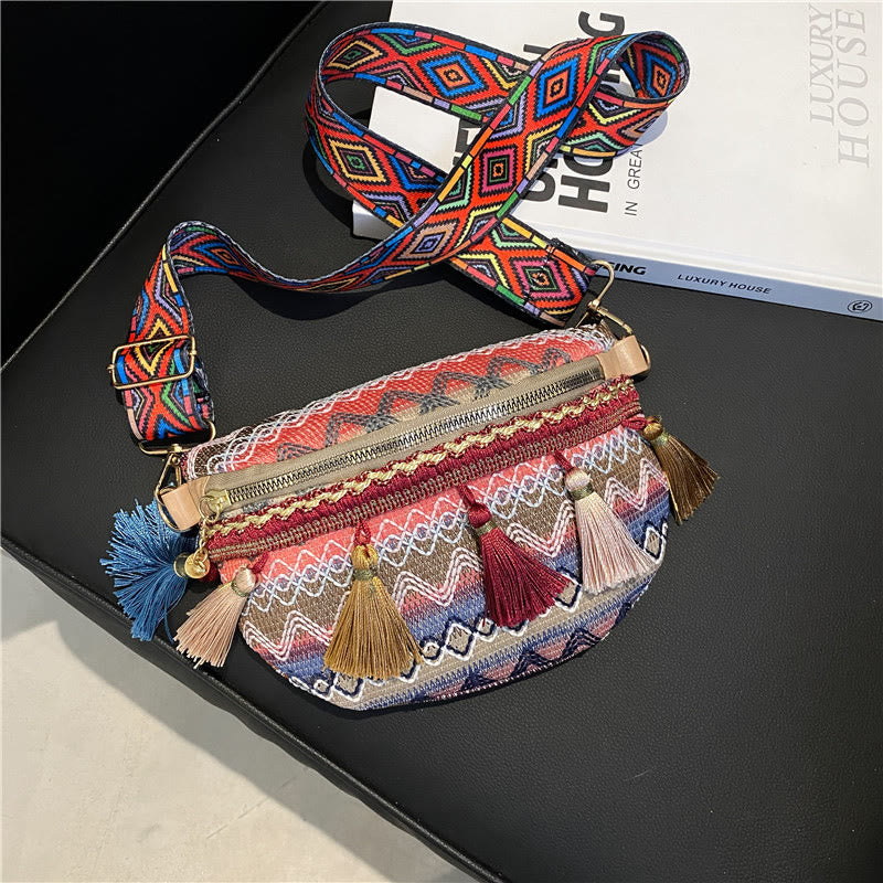 Folk Custom Sling Bag Women Tassel Crossbody Chest Bag